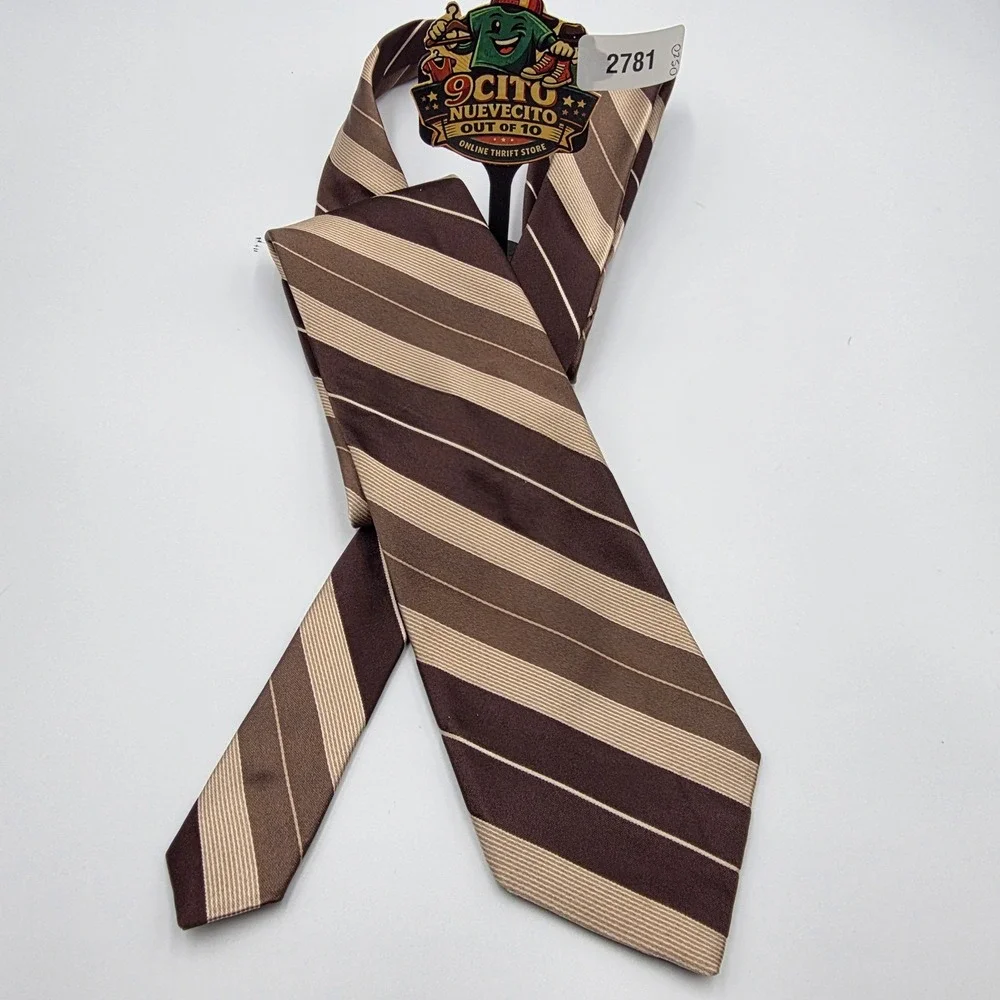 DKNY Mens Silk Necktie Brown Tan Diagonal Striped Made‎ in USA